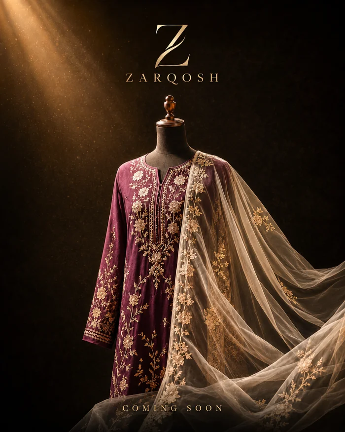 Embroidered plum look displayed in golden light