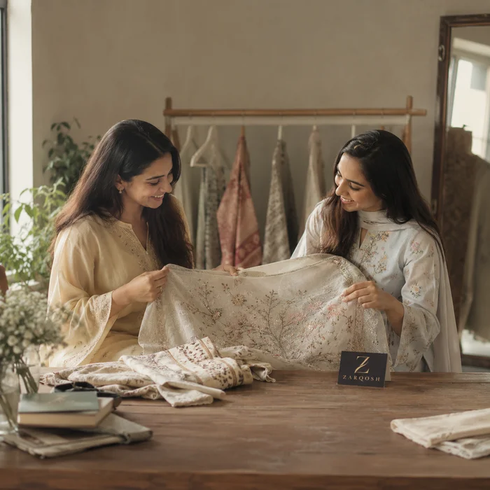 Women reviewing embroidered and printed fabric together