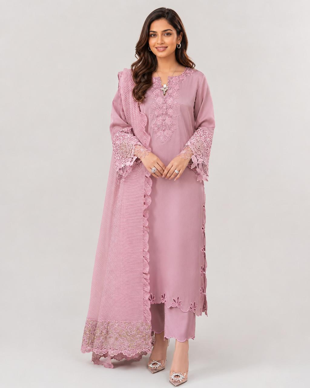 Rose embroidered fabric styled as a finished three-piece look