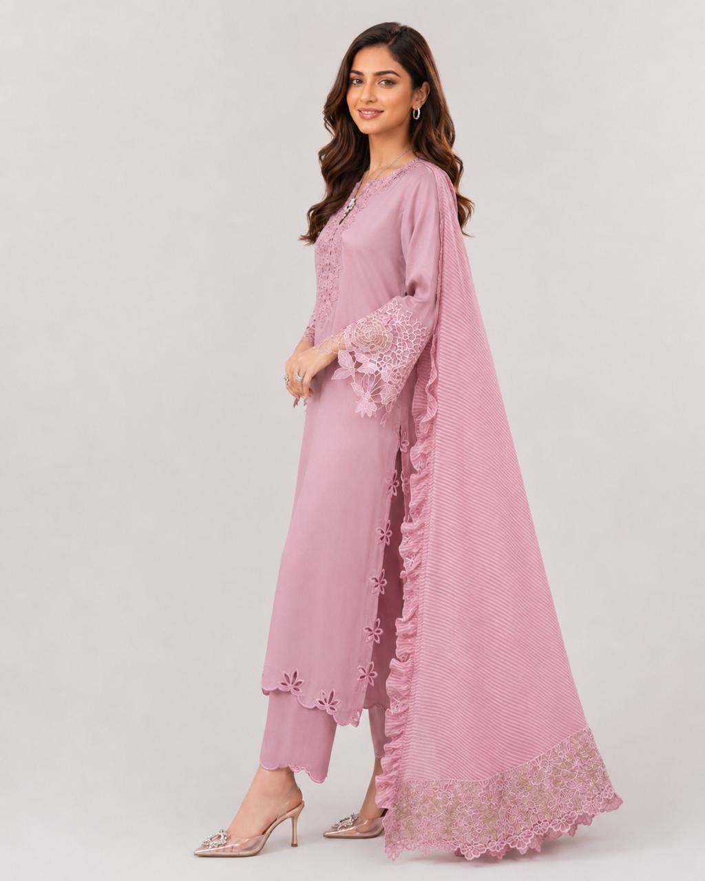 Rose embroidered fabric styled as a finished look, side view
