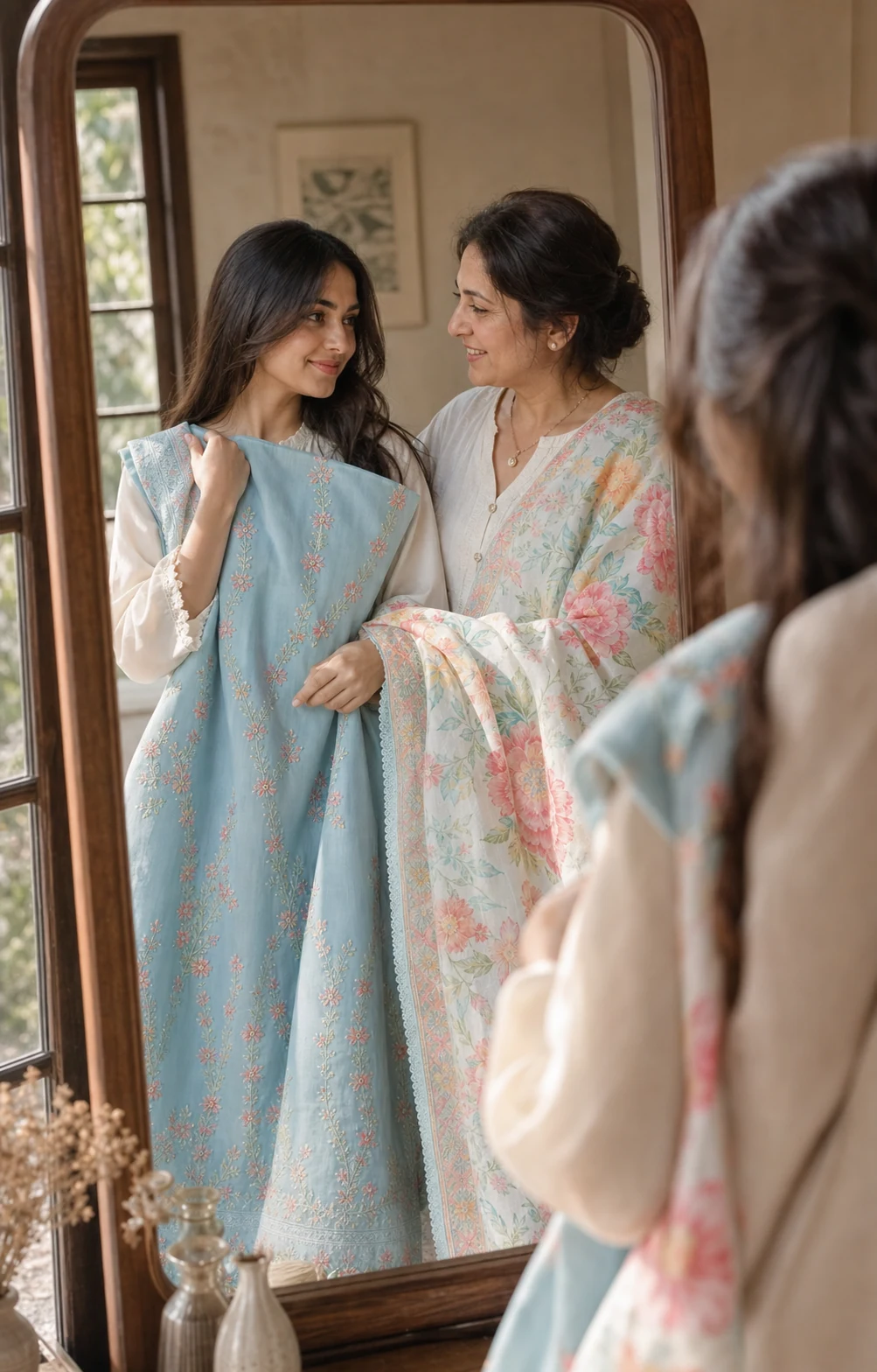 Two adult Pakistani women sharing a mirror moment while holding unstitched embroidered summer fabric