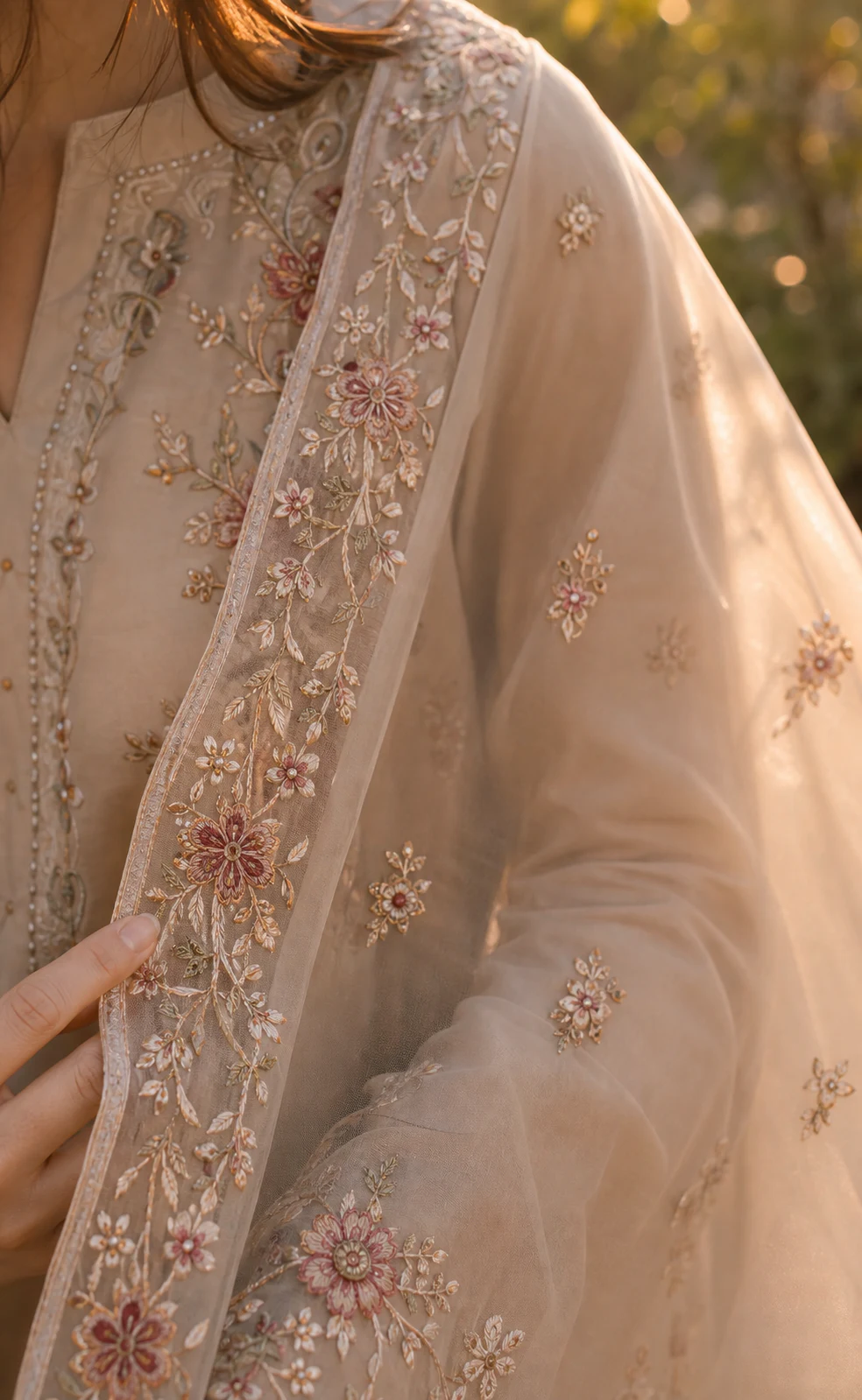 Champagne dupatta embroidery from the hero look, seen up close
