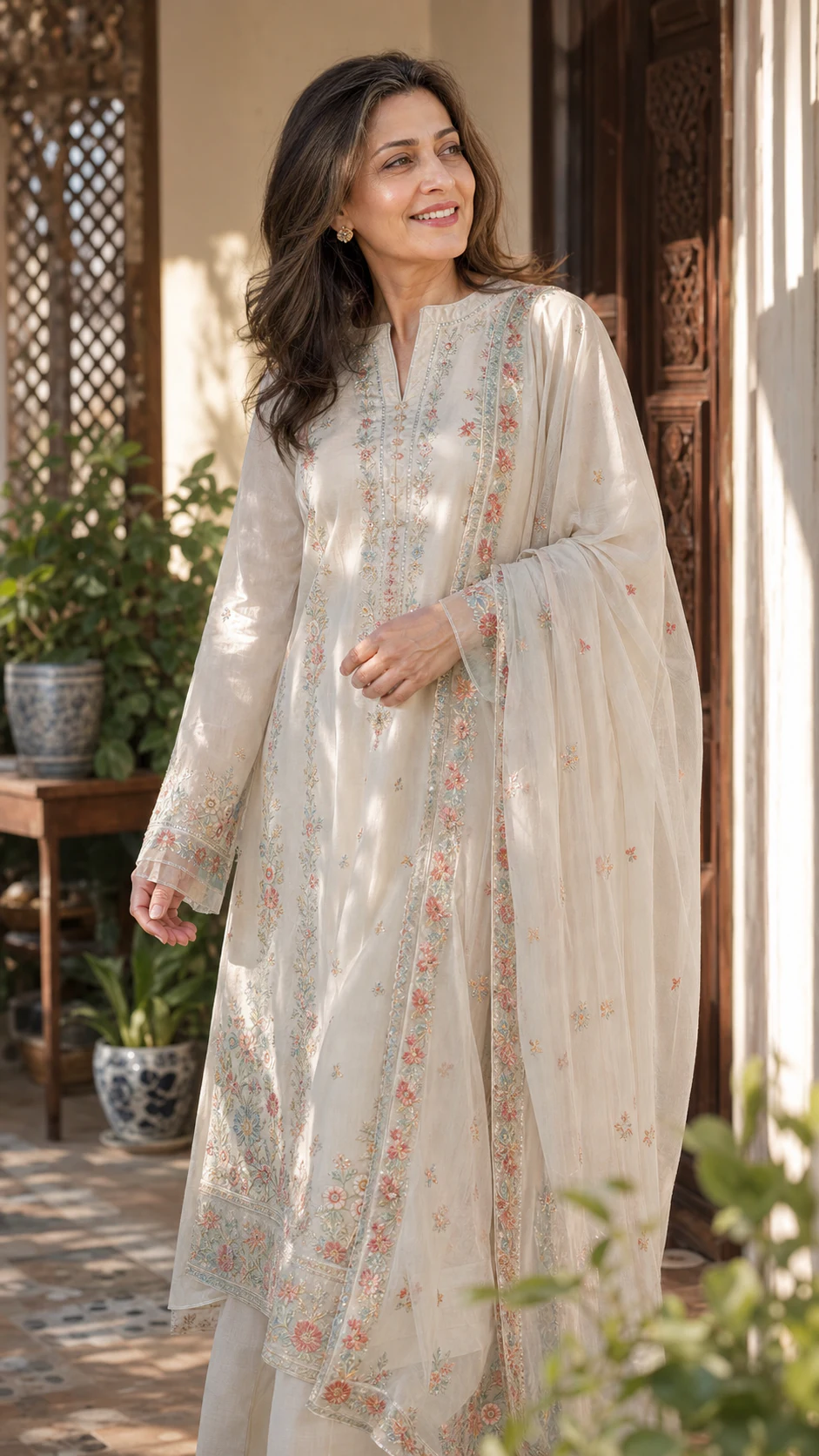 A poised Pakistani woman wearing ivory embroidered summer fabric as a styled reference