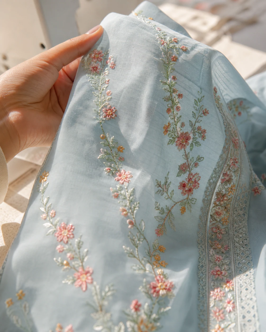 Close view of machine embroidery on lightweight powder-blue summer fabric